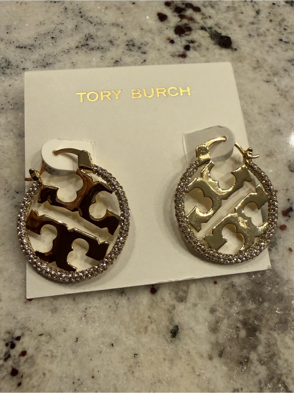 New TB Tory Burch Miller Pavé Gold Hoop Diamond Earrings